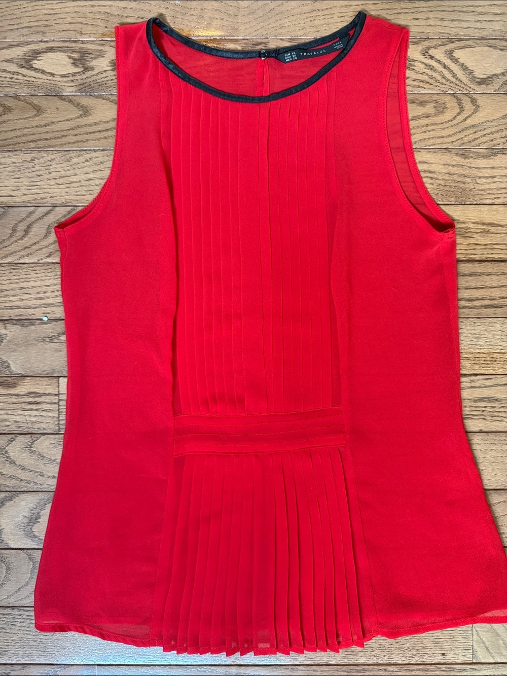 Zara Red Pleated Front Sleeveless Top with Black Trim